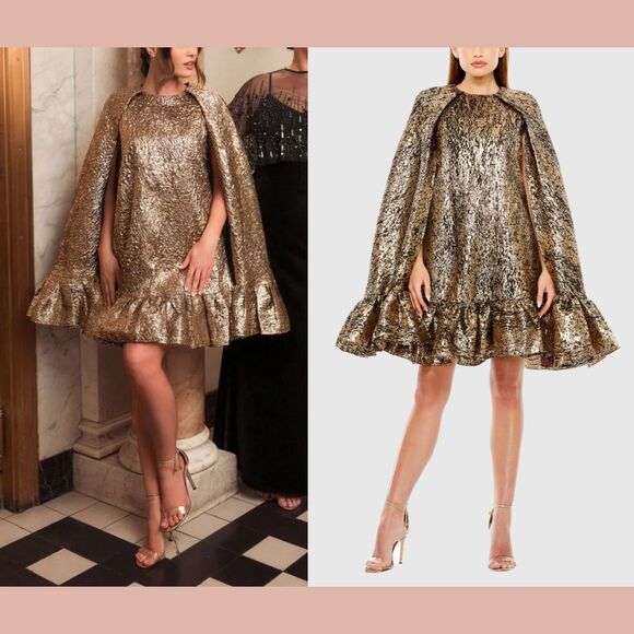 NWT MAC DUGGAL [ Medium ] High Neck Cape Sleeve Metallic Trapeze Mini Dres  gold - Picture 1 of 8